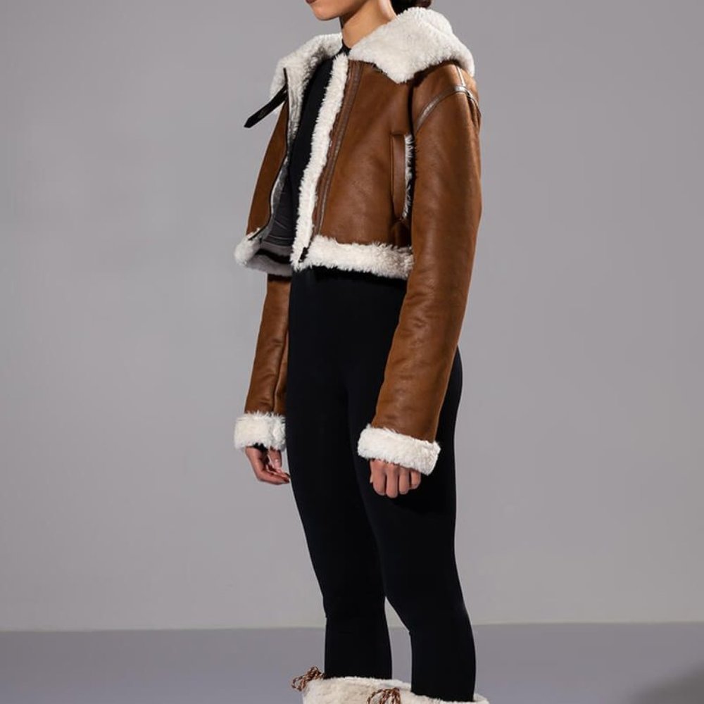 Miz Milk Chocolate Aviatrix Sherpa Lined Vegan Leather Convertible Trench Coat L - Picture 6 of 15
